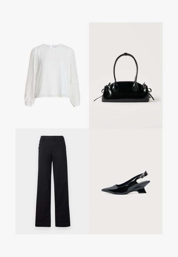 Blusa blanca de manga larga con un sutil patrón texturizado ondulado, escote redondo y cierre de botones en la parte trasera.; Pantalones de pierna ancha negros con cintura alta, detalles de botones en los laterales y una textura de denim suave con un acabado limpio.; Zapato slingback de cuero charol negro con puntera puntiaguda y tacón bajo en bloque inclinado sobre fondo claro liso.; Pequeño bolso negro brillante con dos asas largas y detalles de cordón lateral sobre un fondo claro liso.