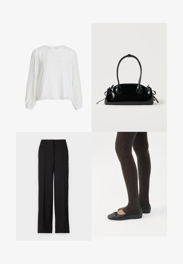 Blusa blanca de manga larga con un sutil patrón texturizado ondulado, escote redondo y cierre de botones en la parte trasera.; Pantalones negros con un diseño de pierna recta, con dos pliegues en la parte frontal, una cinturilla y sin bolsillos visibles ni adornos.; Piernas con leggings oscuros acanalados combinados con bailarinas negras que presentan pequeños detalles de lazo sobre un fondo blanco.; Pequeño bolso negro brillante con dos asas largas y detalles de cordón lateral sobre un fondo claro liso.