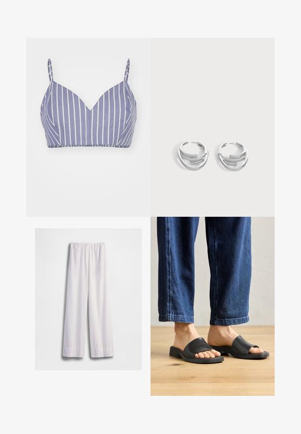 Bralet i lys lilla bomuld med vertikale hvide striber, featuring en V-hals design og tynde justerbare stropper. Glat tekstur, tætsiddende form.; Hvide løstsiddende bukser med elastisk talje og lige brede ben, vist mod en helt hvid baggrund.; Sorte slip-on sandaler lavet af glat materiale, med åben tå og en bred toprem, sat mod mørk denim bukser med lige pasform.; Par polerede sølv hoops øreringe med lagdelt, buet stangdesign på en ensartet lys baggrund.