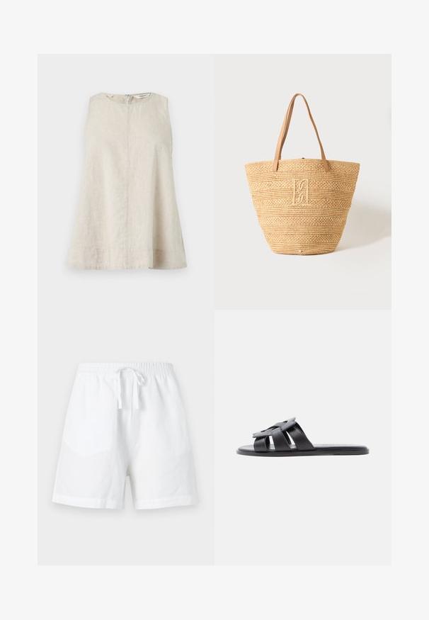 Haut sans manches en lin beige avec col rond et fermeture éclair au dos, coupe ample et texture unie sur fond clair.; Shorts blancs décontractés avec taille élastique et lien de serrage à l'avant, conçus pour le confort avec une coupe décontractée.; Sandale plate noire à enfiler avec des lanières en cuir tissé et orteil ouvert, vue de profil sur un fond clair.; Sac cabas en paille tissée beige avec deux poignées en cuir marron clair et un monogramme brodé subtil au centre avant.