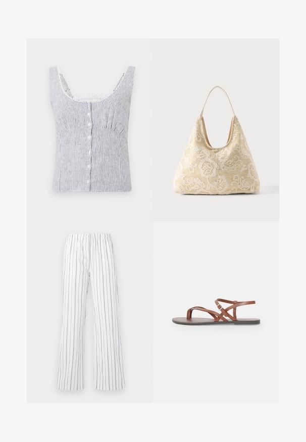 Top sin mangas de botones color blanco y gris con rayas verticales, con tirantes anchos y un busto ajustado, exhibido sobre un fondo liso.; Pantalones blancos con rayas verticales azules, hechos de una tela ligera. Presentan una cintura elástica y piernas anchas y acampanadas.; Sandalias planas de cuero marrón con correas entrelazadas, diseño de punta abierta y una correa en el tobillo con hebilla. Textura suave y estilo minimalista.; Bolsa de tela color crema con patrón de ganchillo floral blanco y una sola correa delgada para el hombro sobre un fondo liso.
