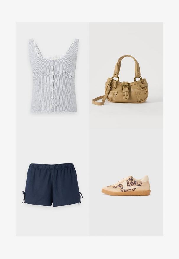 Ärmelloses Button-Up-Top in Weiß und Grau mit vertikalen Streifen, breiten Trägern und taillierter Brust, auf einem schlichten Hintergrund präsentiert.; Marineblaue Shorts mit einem elastischen Bund und verstellbaren Bändern an den Seiten. Der Stoff wirkt glatt mit einem leichten Glanz. Lockerer Schnitt, oberhalb des Knies.; Löwenmuster-Sneaker mit beige Wildleder-Obermaterial, tanfarbener Gummisohle und weißen Akzenten. Runde Zehenform und Schnürdesign mit strukturiertem Finish.; Beige Lederhandtasche mit doppelten Griffen, Messingschnalle und Nieten, sowie verstellbarem Schultergurt vor weißem Hintergrund.