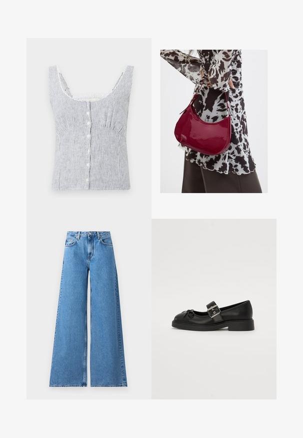 Ärmelloses Button-Up-Top in Weiß und Grau mit vertikalen Streifen, breiten Trägern und taillierter Brust, auf einem schlichten Hintergrund präsentiert.; Weite, blaue Jeans mit hohem Bund, ausgestattet mit einem klassischen Fünf-Taschen-Design und Nähten an den Seiten für zusätzliche Details.; Schwarze Leder-Mary-Jane-Schuhe mit runder Zehenpartie, Knöchelriemen und silberner Schnallenverzierung. Verfügt über eine flache, dicke Sohle und eine Schleifenakzent.; Frau trägt eine schwarz-weiß gemusterte Bluse und hält eine glänzende rote Schultertasche vor einem einfarbigen Hintergrund.