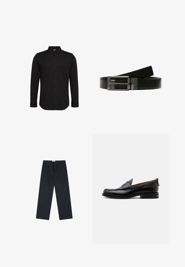 Chemise noire à manches longues en tissu lisse, avec un col pointu, une fermeture boutonnée à l'avant et un petit logo sur la poitrine.; Pantalon en coton noir avec une coupe droite, doté d'une fermeture à bouton et d'une taille simple. Sans motifs ni accents supplémentaires.; Mocassin homme en cuir noir avec couture moc toe, bride penny, col texturé et petit talon empilé sur fond blanc.; Ceinture en cuir noir avec une boucle en métal argenté brillant. La boucle présente un design à double ardillon. Texture lisse avec une finition polie.