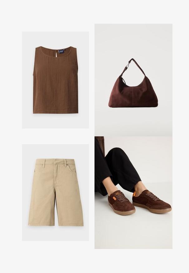 Ærmeløs brun top med tekstureret stof, rund halsudskæring og lille knaplukning bagpå, mærket GAP indeni.; Beige knælange bomuldsshorts med bæltestropper, frontlommer og lynlås foran på hvid baggrund.; Brune ruskinds sneakers med rund tå, tekstureret overdel og orange detaljer. Har flade snørebånd og en gummisål.; Blød brun ruskind skuldertaske med en enkelt rem og sølvfarvet metal hardware på en ensartet lys baggrund.