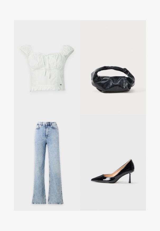 Λευκό crop top από μαλακό ύφασμα, με φουσκωτά μανίκια, σχέδιο που δένει μπροστά και μπροστινή φούστα με ρυτίδες. Μικρό λογότυπο της μάρκας εμφανίζεται στη πλευρά.; Τζιν παντελόνι με ψηλή μέση σε ανοιχτό μπλε χρώμα, φαρδιά γραμμή, κλείσιμο με κουμπί και φερμουάρ μπροστά, και μπροστινές τσέπες.; Μαύρο παπούτσι με πατίνα, με μυτερή μύτη και ψηλό τακούνι στιλέτο μέσου ύψους σε λευκό φόντο.; Μαύρη τσάντα φτιαγμένη από γυαλιστερό, υφασμάτινο υλικό με κυκλική, στροβιλισμένη λαβή και κλείσιμο με φερμουάρ. Διαθέτει ένα μαλακό, ζαρωμένο σχέδιο.
