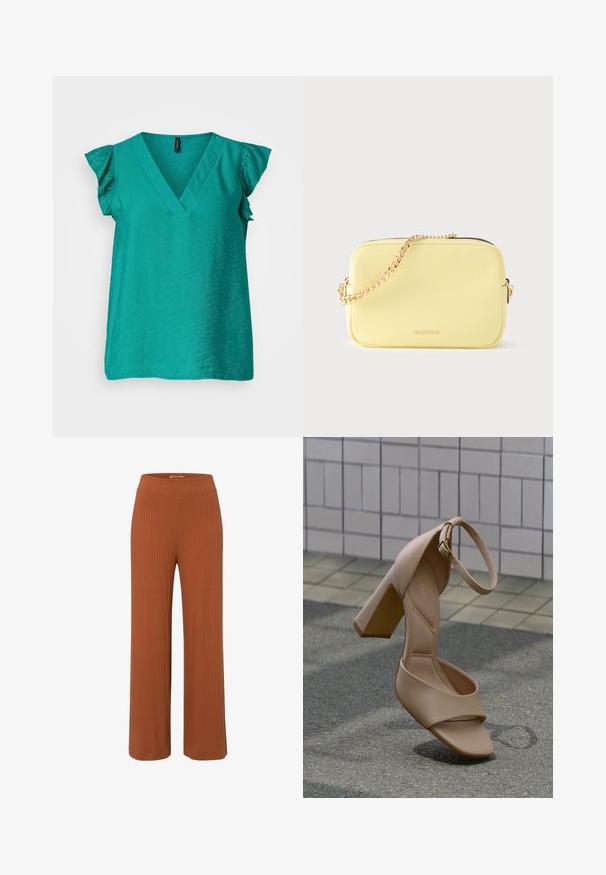 Blusa de tono verde azulado con escote en V y mangas cortas con volantes, hecha de una tela suave con un brillo sutil y un corte relajado. Sin herrajes visibles ni patrones.; Pantalones de pierna ancha de color óxido, hechos de tela acanalada con cintura elástica, que presentan una textura suave y un ajuste relajado.; Sandalia de tacón alto beige con correa en el tobillo y tacón cuadrado, mostrada en ángulo contra una pared de azulejos y una superficie de suelo texturizada.; Bolso bandolera pequeño y rectangular de cuero amarillo pálido con correa de cadena dorada y logo de Michael Kors en el frente.