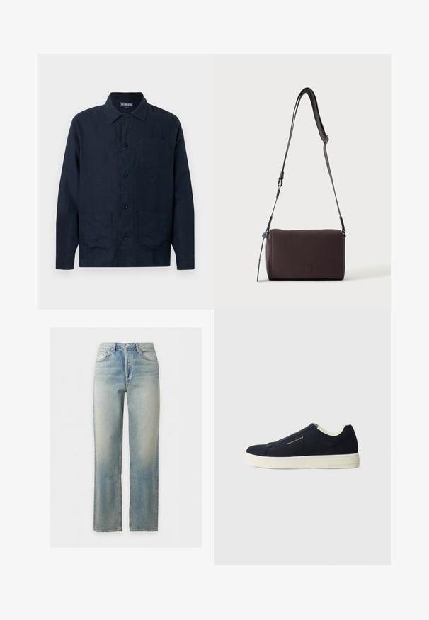 Veste en lin bleu marine foncé pour homme, à manches longues, avec col, fermeture à boutons et trois poches à l'avant, dont une poche poitrine.; Jean en denim délavé bleu clair avec coupe droite, fermeture à boutons et zip sur le devant, et design cinq poches.; Des baskets slip-on en daim bleu marine avec une semelle en caoutchouc blanc, présentant un design cousu et un branding discret sur le côté.; Sac bandoulière en cuir marron foncé texturé avec une sangle réglable et un petit accent décoratif bleu sur le côté.