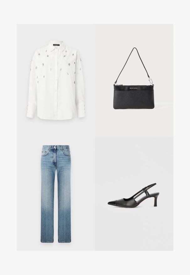 Chemise blanche à manches longues avec col et boutons, ornée de petites perles noires et argentées dispersées sur le devant et les manches.; Jean droit bleu clair en denim, avec un léger dégradé, un design classique à cinq poches et un bouton en métal à la taille.; Chaussure à bride arrière en cuir noir avec bout pointu, dotée d'un accent brillant sur le bout et d'un talon de hauteur moyenne. Design latéral ouvert.; Porte-monnaie en cuir noir, finition texturée, fermeture à glissière, quincaillerie en métal argenté, logo de la marque, bandoulière réglable. Forme compacte et rectangulaire.