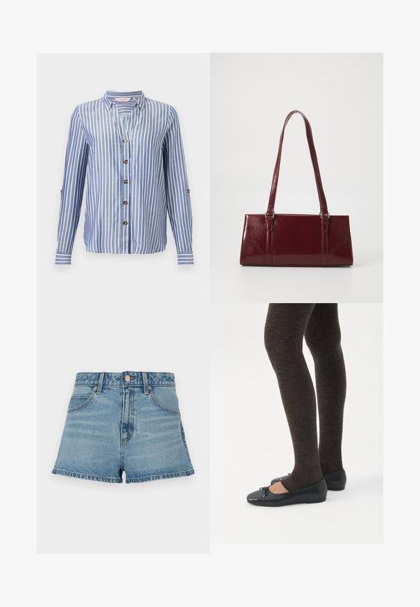 Chemise à manches longues rayée verticalement bleu et blanc avec col en V, col et boutons marron sur le devant et sur les pattes de manche.; Shorts en denim bleu clair avec taille haute, ourlet effiloché, surpiqûres contrastantes et poches avant. Comprend un bouton en métal et une étiquette de marque.; Jambes portant des leggings côtelés foncés associés à des ballerines noires avec de petits détails en nœud sur fond blanc.; Sac à main bordeaux en matériau brillant, de forme rectangulaire, avec deux anses et des accents légèrement courbés à l'avant.