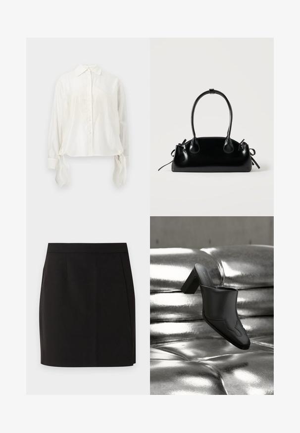 Blouse blanche à manches longues avec boutons, col pointu et liens en tissu suspendus à chaque poignet, présentée sur un fond neutre.; Jupe droite noire longueur genou avec une taille ajustée et des détails de couture subtils sur fond blanc.; Mule en cuir noir avec talon bloc reposant sur une surface argentée brillante capitonnée, mettant en valeur son design élégant et ses détails incurvés.; Petit sac à main noir brillant avec deux longues anses et des détails à cordon sur les côtés sur un fond clair uni.