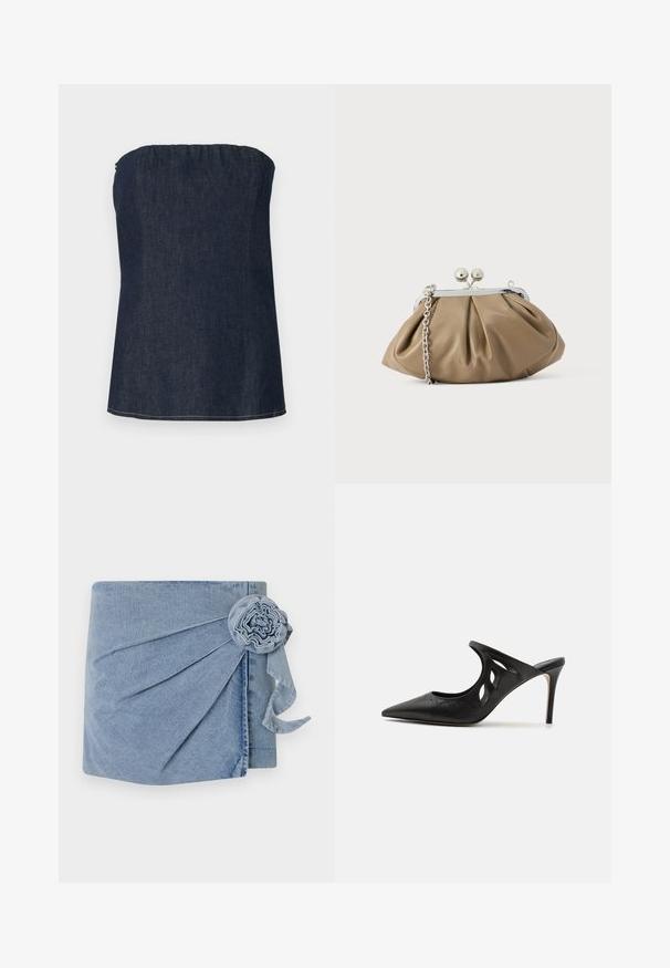 Denim tube top i mørkeblå med en sammensunket halsudskæring og en ren kant. Glat tekstur og minimal syning.; Denimindpakning med en lys blå nuance, intrikate plisseringer og en dekorativ blomst med et svævende bånd. Blød tekstur og afslappet design.; Sorte læder højhælede mules med spids tå, udskåret sideskærm og glat tekstur. Stiletthæl og subtil syning.; Læderclutch i blød beige med afrundet form, plisseret tekstur, sølvfarvet kiss-lock lukning og aftagelig kæderem.