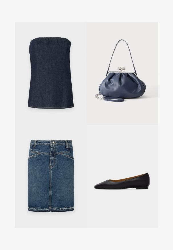 Donkerblauwe denim tube top, met een gathering bij de nek en een nette zoom. Gladde textuur en minimale stikdetails.; Denimrok met een klassieke blauwe wassing, vijfzakkenontwerp en rafelige zoom. Sluit met een knoop en ritssluiting aan de voorkant.; Zwarte leren puntschoen met lage hak en gladde afwerking, zijaanzicht op een lichtgrijze achtergrond.; Zachte navyblauwe leren handtas met zilveren sluiting, enkele schouderband en afneembare ketting polsband op witte achtergrond.
