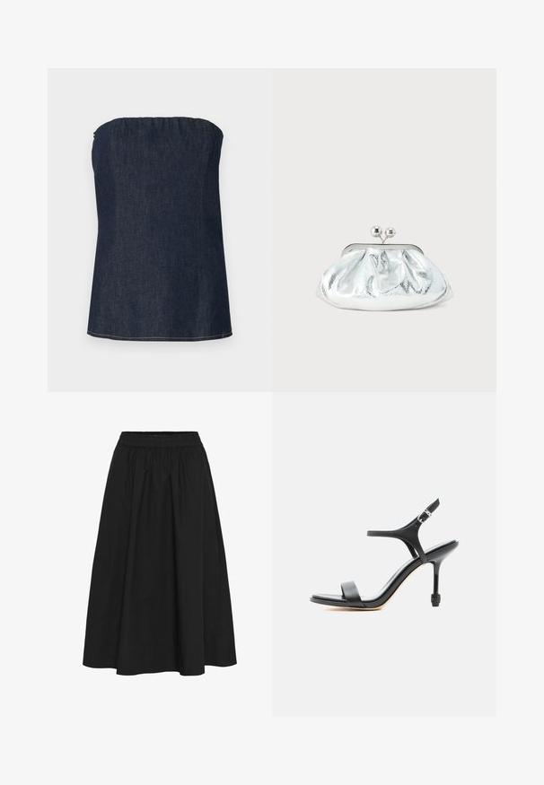 Donkerblauwe denim tube top, met een gathering bij de nek en een nette zoom. Gladde textuur en minimale stikdetails.; Zwarte, knie-lange rok van katoen, met een elastische tailleband, ge gathered textuur en een gladde afwerking zonder zichtbare patronen.; Zwarte leren sandaal met hoge hak, dunne bandjes, open teen en verstelbare enkelgesp, weergegeven tegen een effen witte achtergrond.; Kleine zilverkleurige metalen clutch met een afgerond, geplooid ontwerp en een sluiting met twee zilveren bollen.