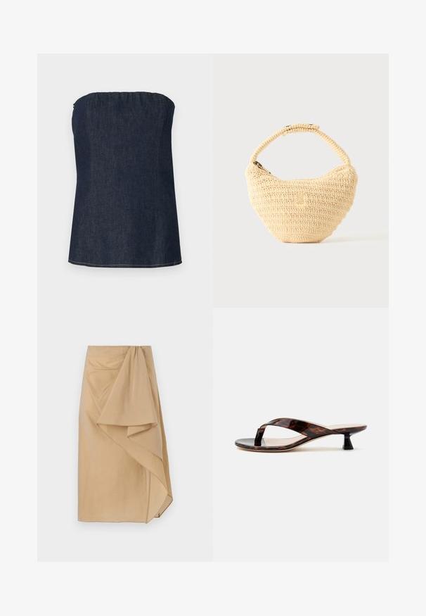 Haut tube en denim bleu foncé, avec un décolleté froncé et un ourlet net. Texture lisse et détail de couture minimal.; Jupe enveloppante beige en tissu léger avec un drapé asymétrique, dotée d'une ceinture froncée et d'une texture lisse. Sans fermetures visibles.; Sandale à talon kitten écaille de tortue marron avec bride entre les orteils et bout carré sur un fond clair uni.; Sac à main beige tissé avec corps arrondi, fermeture éclair et une sangle courte et épaisse dans un style crochet simple et texturé.