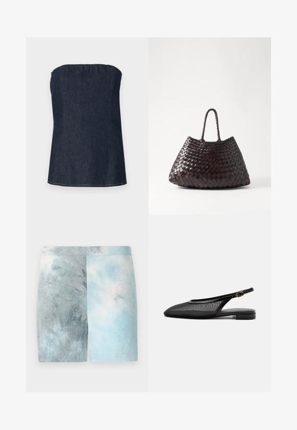 Haut tube en denim bleu foncé, avec un décolleté froncé et un ourlet net. Texture lisse et détail de couture minimal.; Shorts en patchwork de couleurs présentant un dégradé de nuances de bleu clair et de gris. Fabriqués en tissu doux avec une texture lisse et une ceinture.; Chaussure plate noire à bride arrière, bout pointu, tige en mesh, bride à boucle réglable et petit talon empilé sur fond blanc.; DRAGON DIFFUSION SANTA CROCE BIG - Sac à main - dark brown