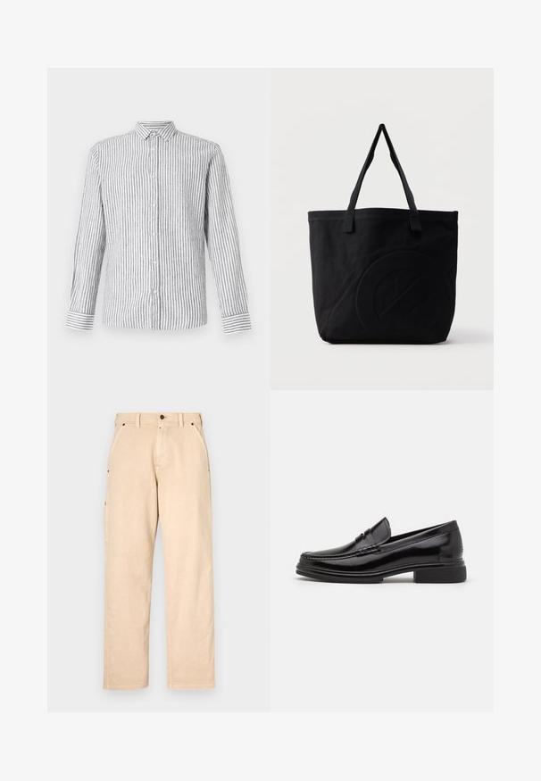 Chemise à manches longues à boutons de couleur gris clair avec des rayures verticales blanches. Dotée d'un col classique et de poignets avec un motif rayé.; Pantalon en coton beige avec une coupe droite, doté de poches latérales, de passants de ceinture et d'une fermeture à bouton à l'avant. Texture lisse, design minimaliste.; Mocassins en cuir noir avec un embout arrondi, présentant un détail cousu sur le dessus, et un petit talon carré. Texture lisse et finition brillante.; Sac fourre-tout en toile noire avec deux bandoulières et un motif circulaire discret en relief sur le devant.
