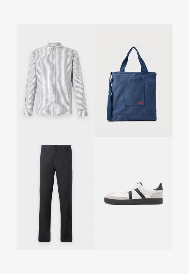 Chemise à manches longues à boutons de couleur gris clair avec des rayures verticales blanches. Dotée d'un col classique et de poignets avec un motif rayé.; Pantalons noirs à jambe droite avec poches latérales, fermeture à bouton sur le devant et passants de ceinture sur fond blanc.; Baskets blanches avec des accents noirs et gris, présentant un embout texturé gris, une semelle en caoutchouc noir et des lacets plats blancs. Design épuré, style minimaliste.; Sac fourre-tout en toile bleue avec poche frontale et broderie rouge "O.N.S", doté de doubles poignées et d'une bandoulière réglable.