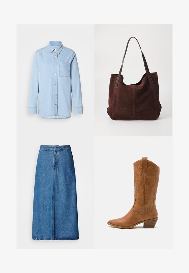 Lyseblå denimskjorte med knaplukning foran, spids krave, enkelt brystlomme og lange ærmer med knapmanchetter.; Denim midi-nederdel med afslappet pasform, høj talje, frynset kant og ensfarvet blå. Enkel design uden synlige udsmykninger.; Tan læder cowboystøvle med spids tå, broderede svirvelmønstre på skaftet og en stablet blokhæl. Har en træksløjfe for nem af/på.; Brun ruskind tote taske med to mørke læder skulderremme. Blød tekstur, afrundet top og et rummeligt interiør. Ingen synlig hardware eller pynt.