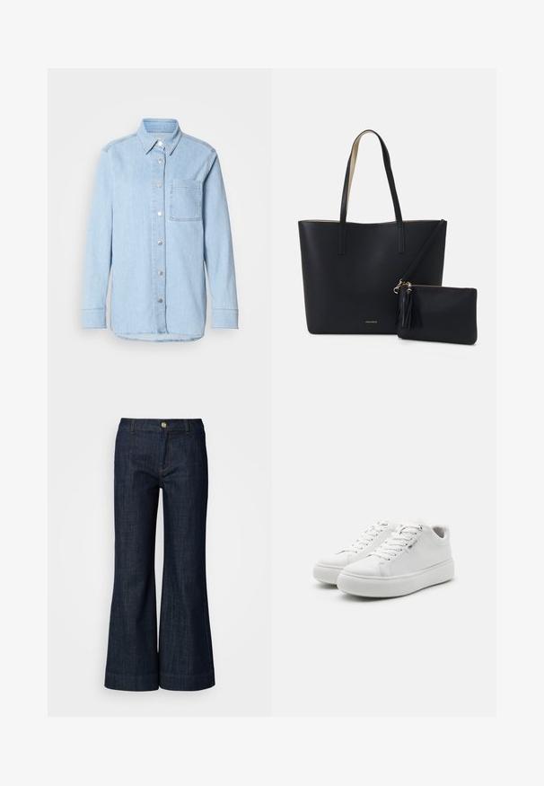 Lyseblå denimskjorte med knaplukning foran, spids krave, enkelt brystlomme og lange ærmer med knapmanchetter.; Mørk vaskede denimjeans med en flagrende design, der har en knaplukning, orange syninger og opfoldede sømme. Glat tekstur og klassisk stil.; Hvide lavtop sneakers med en glat lærredsoverdel, rund tå og tyk gummisål. Har snørebånd foran og et minimalistisk design.; Sort tote taske med struktureret materiale, to lange håndtag og en aftagelig lynlåspose med en frynse-detalje. Guld mærkelogo synligt.