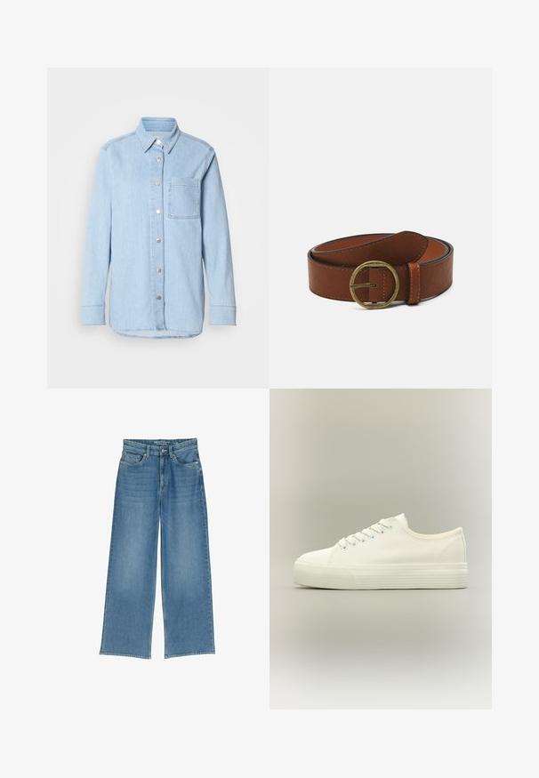 Camisa de denim azul claro con botón en el frente, collar puntiagudo, un bolsillo en el pecho y mangas largas con puños abotonados.; Jeans de mezclilla de pierna ancha en azul claro con una cintura alta, cinco bolsillos y costuras visibles; la tela tiene un acabado ligeramente texturizado.; Zapatilla blanca de lona de perfil bajo con cierre de cordones en la parte delantera y suela gruesa de goma texturizada sobre fondo neutro.; Cinturón de cuero marrón con una hebilla redonda de latón, que presenta una textura suave y costuras en contraste a lo largo de los bordes.