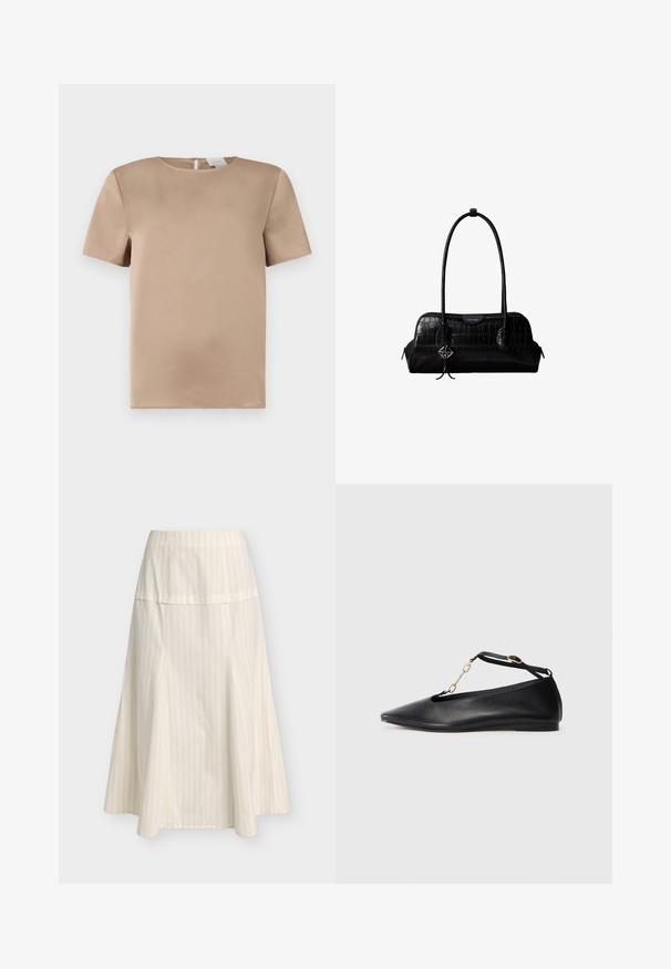 Blouse en satin beige à manches courtes avec un col rond et une petite fente fermée par un bouton dans le dos.; Jupe trapèze crème avec fines rayures verticales et une large ceinture ajustée, longueur au genou et ourlet fluide.; Ballerines noires en cuir avec un bout pointu, un design découpé, une bride à la cheville et un accent en chaîne dorée. Texture lisse, talon minimal.; Sac à épaule en cuir noir à texture crocodile, avec de longues sangles et un petit charm logo argenté sur une sangle.