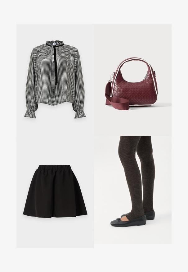 Blusa de manga larga de cuadros vichy en blanco y negro con cuello y puños con volantes, cierre frontal abotonado y una cinta negra para atar en el cuello.; Falda negra con cintura elástica, forma en línea A y dobladillo a la altura de la rodilla, diseño liso, mostrada extendida sobre un fondo blanco.; Piernas con leggings oscuros acanalados combinados con bailarinas negras que presentan pequeños detalles de lazo sobre un fondo blanco.; Bolso de mano de cuero tejido color granate con asa curva, ribete blanco, cremallera plateada y correa desmontable de tela ancha para el hombro sobre fondo liso.