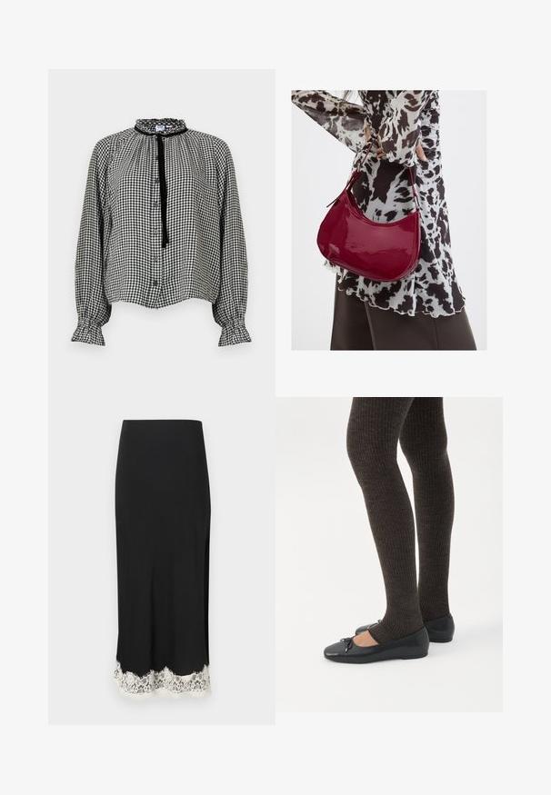 Blouse à manches longues en vichy noir et blanc avec col et poignets à volants, boutonnage sur le devant, et un ruban noir noué au cou.; Jupe midi noire à coupe droite avec bordure en dentelle blanche le long de l'ourlet, présentée sur un fond clair uni.; Jambes portant des leggings côtelés foncés associés à des ballerines noires avec de petits détails en nœud sur fond blanc.; Femme portant un chemisier à motif noir et blanc tenant un sac à main rouge brillant sur un fond uni.