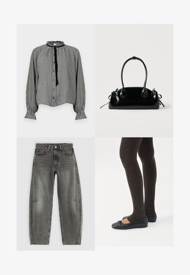 Blusa de manga larga de cuadros vichy en blanco y negro con cuello y puños con volantes, cierre frontal abotonado y una cinta negra para atar en el cuello.; Jeans de mezclilla gris deslavado de cintura alta con cinco bolsillos, cierre de botón y un corte recto relajado.; Piernas con leggings oscuros acanalados combinados con bailarinas negras que presentan pequeños detalles de lazo sobre un fondo blanco.; Pequeño bolso negro brillante con dos asas largas y detalles de cordón lateral sobre un fondo claro liso.