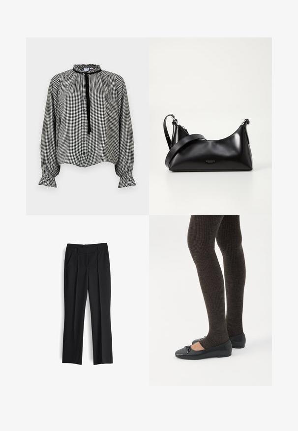 Blouse à manches longues en vichy noir et blanc avec col et poignets à volants, boutonnage sur le devant, et un ruban noir noué au cou.; Pantalon formel noir avec passants de ceinture, poches avant et coupe droite sur fond blanc.; Jambes portant des leggings côtelés foncés associés à des ballerines noires avec de petits détails en nœud sur fond blanc.; Sac à main en cuir noir avec une texture lisse. Dispose d'une bandoulière adjustable et d'un design élégant et minimaliste avec une fermeture éclair.