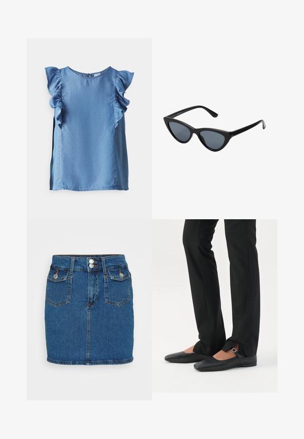 Lys denim ærmeløs top med rynkede detaljer ved skuldersømmen og en rund hals. Glat tekstur og en afslappet pasform. Lukning med knap i ryggen.; Denim mini skirt, mørkeblå, har høj talje med to forreste knapper, fem-lomme design og kontraststing langs kanten.; Ben iført sorte smalle bukser med forreste slidser ved kanten, parret med sorte flade Mary Jane-sko med lille spænde.; Sorte katteøje solbriller med mørkegrå linser, slankt plastisk stel, spidse hjørner og lige stænger. Ingen synlig hardware eller dekorationer.