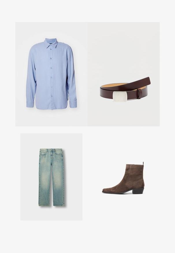 Lys blå knap-up skjorte lavet af blødt stof med klassisk krave, lange ærmer og frontknaplukning. Minimalistisk design, uden mønstre.; Lyseblå denim jeans med lige ben design, der har slidte områder, fem lommer og synlige syninger. Klassisk metalspænde.; Brune suede ankelstøvle med spidse tå, lav blok hæl og en løkke bagpå for nem påklædning. Glat tekstur og enkelt design.; Brunt læderbælte med en rektangulær sølvspænde, glat tekstur og en kontrasterende lysere inderforing. Enkel, klassisk design.