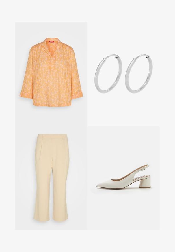 Gul blomsterprint blouse med kravesnit og trekvartærmer, lavet af letvægtigt stof og med en løs pasform.; Esprit Collection PLEATED CULOTTE - Bukser - sand; Hvide læder slingback pumps med spids tå, mellemhøj blokhæl og justerbar rem. Glat tekstur; minimalistisk design.; Sølv hoops øreringe, cirkulær form, glat skinnende tekstur og ensartet bredde hele vejen igennem. Minimalistisk design uden yderligere accenter.