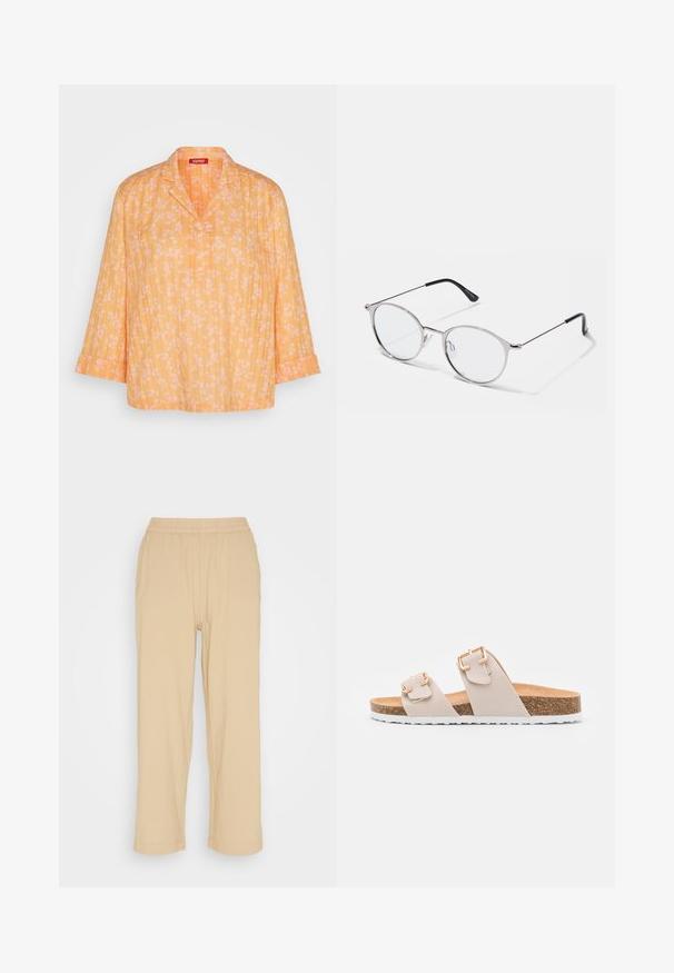 Gul blomsterprint blouse med kravesnit og trekvartærmer, lavet af letvægtigt stof og med en løs pasform.; Beige, lette, cropped bukser med elastisk talje. Har en løs pasform og glat tekstur, velegnet til afslappet brug.; Beige slidesandaler med to justerbare stropper og guldfarvede spænder. Korksål med en struktureret hvid gummisål.; Metallic sølvbriller med runde linser og en tynd ramme. Sorte tempelspidser giver kontrast. Justerbare næsepuder medfølger.