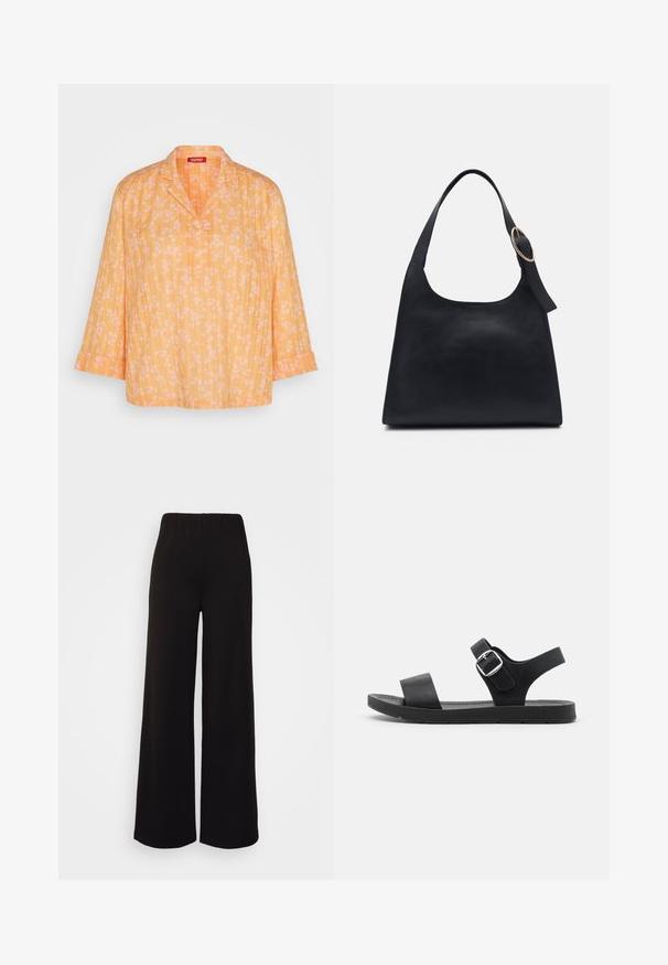 Gul blomsterprint blouse med kravesnit og trekvartærmer, lavet af letvægtigt stof og med en løs pasform.; Minimum TARANA - Bukser - black; Sorte sandaler med flad sål, justerbar spænde, to brede stropper og glat overflade, designet til komfort og nem brug.; Sort læder tote taske med en glat overflade, rund form og en enkelt skulderrem med et cirkulært guld hardware-ornament.
