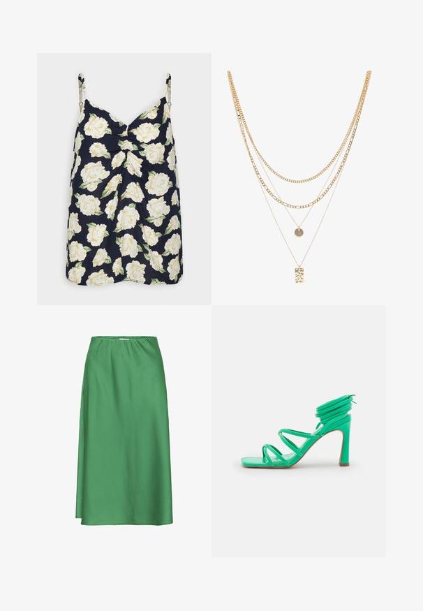 Pieces PCNYA SLIP ROUCING BF - Débardeur - sky captain; Jupe en satin vert avec une ceinture élastique, de longueur mi-longue, texture lisse, et un design simple et fluide sans motifs ni accents visibles.; NA-KD STRAPPY FUNNEL - Sandales à talons hauts - green; Collier en or à plusieurs couches avec différents styles de chaînes, y compris des maillons épais et des chaînes fines, orné de pendants circulaires et rectangulaires.