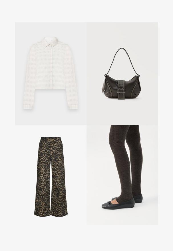 Chemise blanche à manches longues et boutonnières, avec un motif à carreaux horizontaux subtil et un col classique, présentée sur un fond uni.; Pantalon à jambes larges avec un imprimé léopard marron et noir sur toute la surface, fermeture à l'avant par boutons et zip.; Jambes portant des leggings côtelés foncés associés à des ballerines noires avec de petits détails en nœud sur fond blanc.; Sac à épaule en cuir noir avec une sangle à boucle, des bords arrondis et des coutures blanches contrastées sur un fond uni.