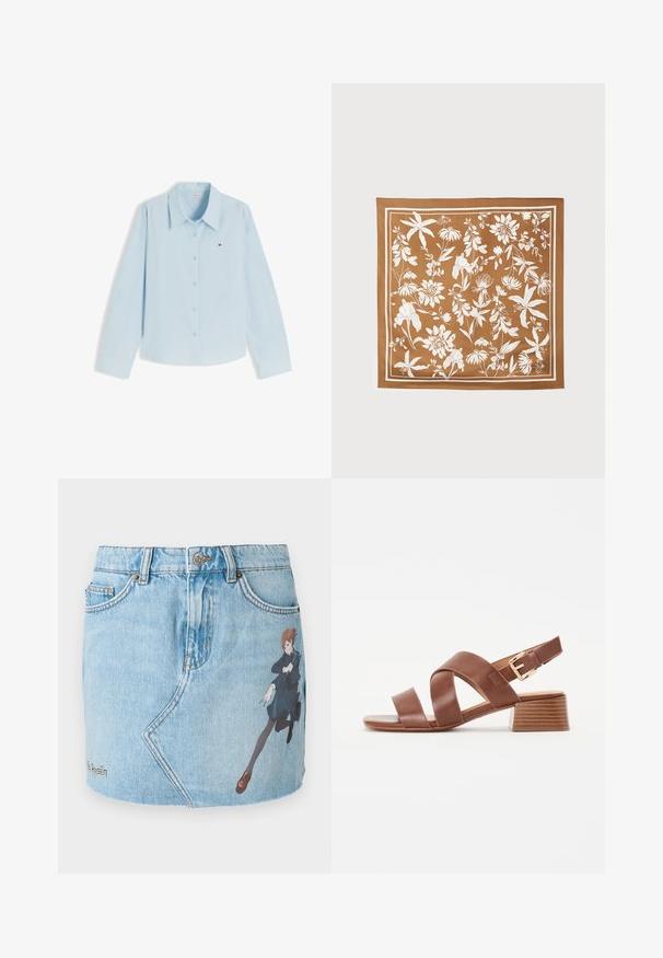 Chemise bleu clair à manches longues, boutonnée, avec col et petit logo Tommy Hilfiger sur le côté gauche de la poitrine, sur fond blanc.; Mini-jupe en jean bleu clair, avec un imprimé graphique représentant un personnage en mouvement. Comprend des poches traditionnelles et une fermeture à boutons.; Sandales à talons en cuir marron avec un design à brides croisées et une fermeture à boucle, dotées d'un talon bloc et d'une finition lisse et texturée.; Écharpe en soie brunâtre ornée de motifs floraux blancs, bordée d'un cadre blanc. Texture lisse et forme carrée.