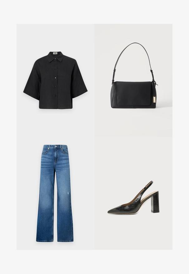 Sorte linned cropped skjorte med spidse krave, korte ærmer og frontlukning med knapper. Har en afslappet pasform og en glat struktur.; Bredde ben i blå denimjeans med en lys vask, der har fem lommer og et standard taljebånd med en knaplukning. Glat struktur.; Sort læder peep-toe slingback sko med høj blokhæl og beige indvendig foring mod en ensfarvet lys baggrund.; Sort skuldertaske i læder med flaplukning og en enkelt rem, med et guldrektangulært mærke fastgjort på den ene side.
