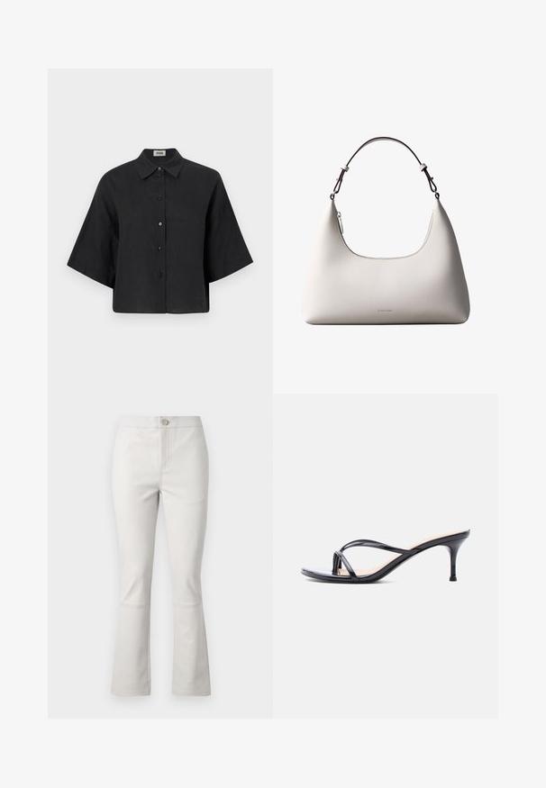 Chemise cropped en lin noir avec un col pointu, des manches courtes et une fermeture par boutons sur le devant. Elle possède une coupe décontractée et une texture lisse.; Pantalons évasés gris clair en mélange de coton. Comprend des poches avant, une fermeture à bouton et des détails de couture discrets le long des coutures.; Sandale à talon en cuir verni noir avec fines lanières croisées et talon aiguille moyen et élancé sur fond blanc.; Sac à bandoulière en cuir couleur crème de Calvin Klein avec bord supérieur incurvé, fermeture éclair argentée et sangle ajustable brun foncé.