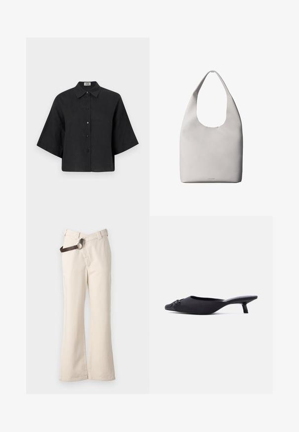 Mustat pellavasta valmistetut lyhyet paidat, joissa on terävä kaulus, lyhyet hihat ja etupainike. Ominaisuuksiin kuuluvat rento istuvuus ja sileä rakenne.; Pinko PAINT PANTALONE - Housut - beige betulla; Mustan naisen muulityylinen kenkä, jossa on terävä kärki, kangaspäällinen, pieni matala korko ja koristeellinen rusetti edessä, esitetty sivuprofiilissa.; Valkoinen nahkainen olkalaukku, jossa on yksittäinen olkahihna, pehmeä koostumus ja hillitty Calvin Kleinin logo lähellä alaosan keskustaa.
