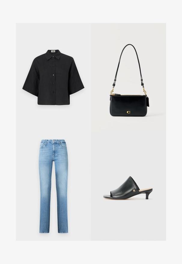 Chemise cropped en lin noir avec un col pointu, des manches courtes et une fermeture par boutons sur le devant. Elle possède une coupe décontractée et une texture lisse.; Jean droit bleu clair en denim, avec un design classique à cinq poches et une taille cousue avec fermeture à bouton sur le devant.; Mules ouverts en cuir noir avec un talon bas. Présentent une surface lisse et un accent logo doré sur le côté.; Sac d'épaule en cuir noir avec fermeture éclair dorée, détail de fermoir doré et bandoulière réglable sur un fond clair uni.