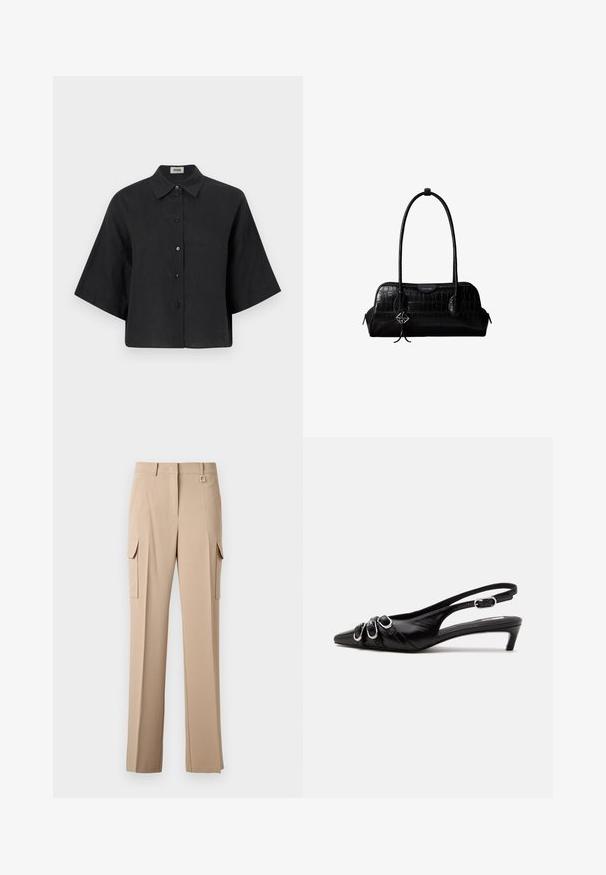 Sorte linned cropped skjorte med spidse krave, korte ærmer og frontlukning med knapper. Har en afslappet pasform og en glat struktur.; Beige cargo bukser med to sidelommer, en flad front og en kvadratisk metalaccent på taljen. Fremstillet af et glat og let stof.; Sort læder slingback sko med spids tå, tre sølvspænder på forsiden og lav lille hæl på hvid baggrund.; Sort skuldertaske i krokodillelæder med lange stropper og lille sølvlogo-charm på den ene strop.