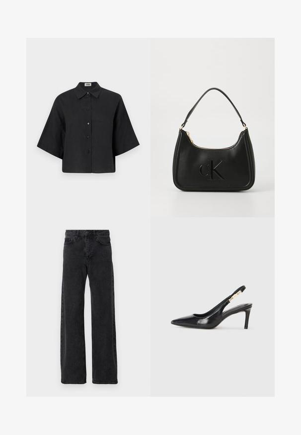 Sorte linned cropped skjorte med spidse krave, korte ærmer og frontlukning med knapper. Har en afslappet pasform og en glat struktur.; Sorte denimjeans med bred ben-design, der har en klassisk fem-lomme stil, knaplukning og diskret falmning.; Sort læder slingback højhælede sko med spidse tæer, glat overflade og en smal ankelrem med guldfarvede hardware detaljer.; Sort læder håndtaske med en buet form, der har en guldfarvet lynlås og et subtilt præget "cK" logo. Glat tekstur og et enkelt håndtag.