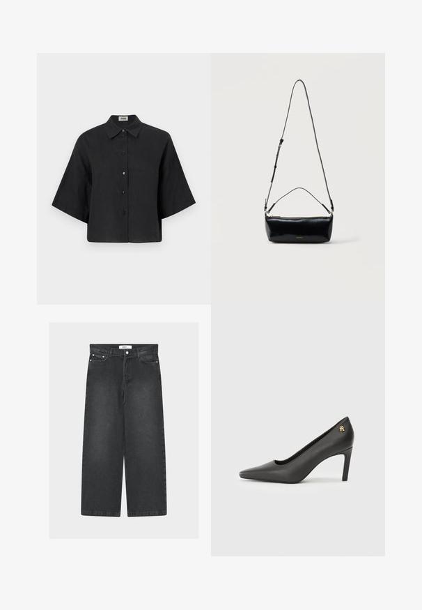 Zwarte linnen cropped shirt met een puntige kraag, korte mouwen en een sluiting met knopen aan de voorkant. Beschikt over een ontspannen pasvorm en een gladde textuur.; Zwarte denim wijde broek met hoge taille, voorzakken en een knoopsluiting. Voorzien van een taillekoord en een gladde textuur.; Zwarte lakleren hoge hak pump met een spitse neus, voorzien van een klein gouden logo accent op de hak. Glad textuur, slank ontwerp.; Zwarte rechthoekige leren crossbodytas met verstelbare schouderriem, bovenrits en klein gouden Calvin Klein-logo aan de voorkant.