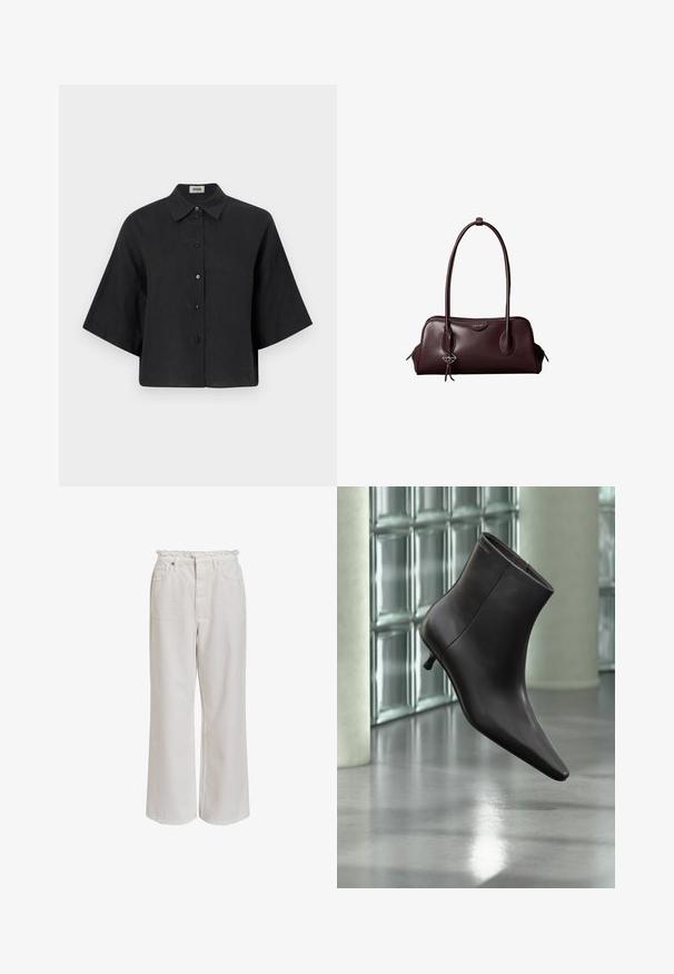 Sorte linned cropped skjorte med spidse krave, korte ærmer og frontlukning med knapper. Har en afslappet pasform og en glat struktur.; Hvide bukser med brede ben, der har en flæse waistband, forlommer og en glat, blød tekstur. Fremstillet af letvægts bomuldsstof.; Sort læderankelstøvle med spids tå og lille hæl vist mod en væg af glasblokke og poleret gulv baggrund.; Mørkebrun lædertaske fra Calvin Klein med lange dobbelte håndtag og en lille logohængende ved det ene håndtag.