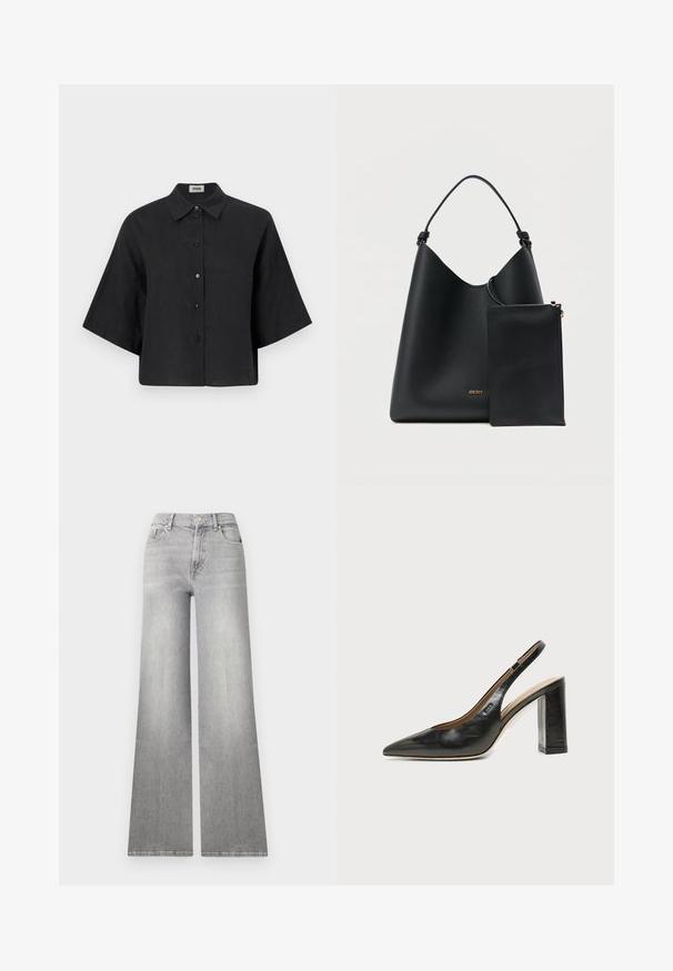 Zwarte linnen cropped shirt met een puntige kraag, korte mouwen en een sluiting met knopen aan de voorkant. Beschikt over een ontspannen pasvorm en een gladde textuur.; Grijze denim jeans met wijde pijpen en een vervaagde afwerking, voorzak en knoopsluiting. Heeft een rechte pijp en een klassieke zoom.; Zwarte leren slingback schoen met spits toelopend neusje, hoge blokhak en beige binnenvoering tegen een effen lichte achtergrond.; Zwarte leren tas met een gebogen silhouet, platte handgreep en bijpassend zipportemonneetje. Voorzien van een gouden logo-accent aan de voorkant.