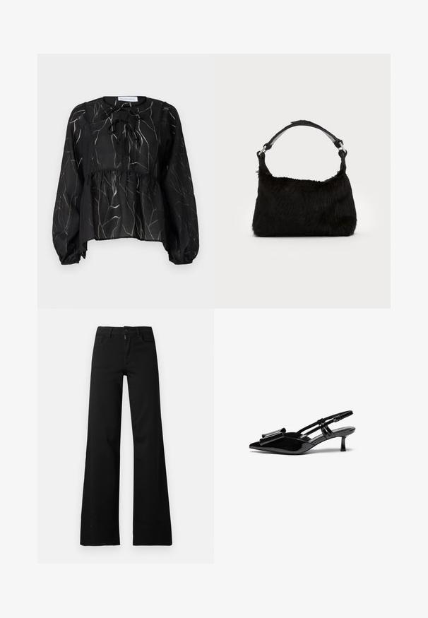 Schwarze transparente Bluse mit langen Puffärmeln, die einen Tunnelzug-Ausschnitt und ein strukturiertes Blattmuster in Hellgrau aufweist. Peplum-Silhouette.; Schwarze hoch taillierte Hose mit weitem Bein, vorne mit Knopf- und Reißverschluss, Gürtelschlaufen und Vordertaschen auf weißem Hintergrund.; Schwarze Lackleder-Slingbacks mit spitzer Zehenpartie, einer Schleifendetail an der Vorderseite und einem kleinen Stiletto-Absatz. Die Riemen haben verstellbare Schnallen.; Schwarze Kunstfell-Handtasche mit weicher Textur, runder Form und einem stabilen schwarzen Leder-Schulterriemen. Sichtbare silberne Hardware-Akzente.