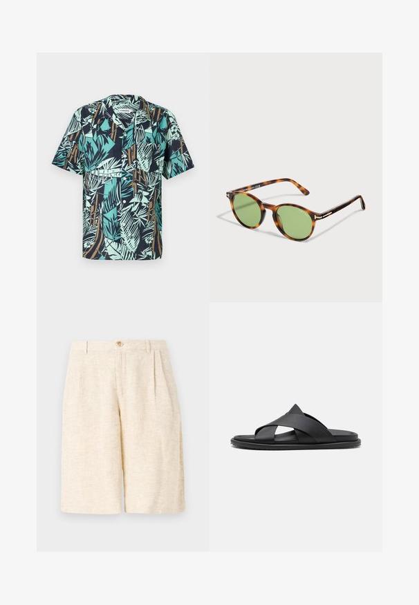 Overhemd met korte mouwen en knopen, met een tropisch patroon van bladeren en planten in blauwgroen, bruin en zwart, met een kraag en een voorvak op de borst.; Beige op maat gemaakte shorts van textuurstof, met voorplooien, een knoopsluiting en een rechtopstaand ontwerp.; Stuart Weitzman BERKLEY - Muiltjes - black; Ronde schildpadzonnebril met groene glazen en dunne pootjes, met het merk Tom Ford op het glas en het montuur.