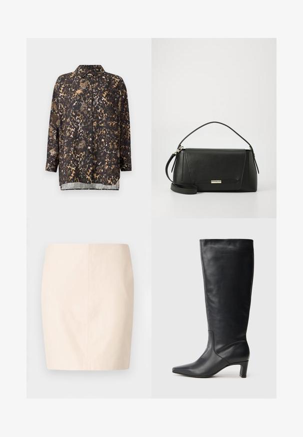 Blouse à motifs noirs et marron, avec un col, des manches longues et un bouton devant ; présente un mélange de motifs et textures animaliers.; Jupe beige ajustée avec une texture lisse et des lignes épurées. Elle présente une taille mi-haute et une silhouette droite. Pas de fermetures ni d'ornements visibles.; Botte noire en cuir montant jusqu'au genou, avec un bout pointu, une texture lisse, un design minimal et un talon de hauteur moyenne. Logo subtil sur le dessus.; Sac à main en cuir noir avec un design structuré, une bandoulière amovible et un accent en métal. Présente des lignes épurées et une texture lisse.